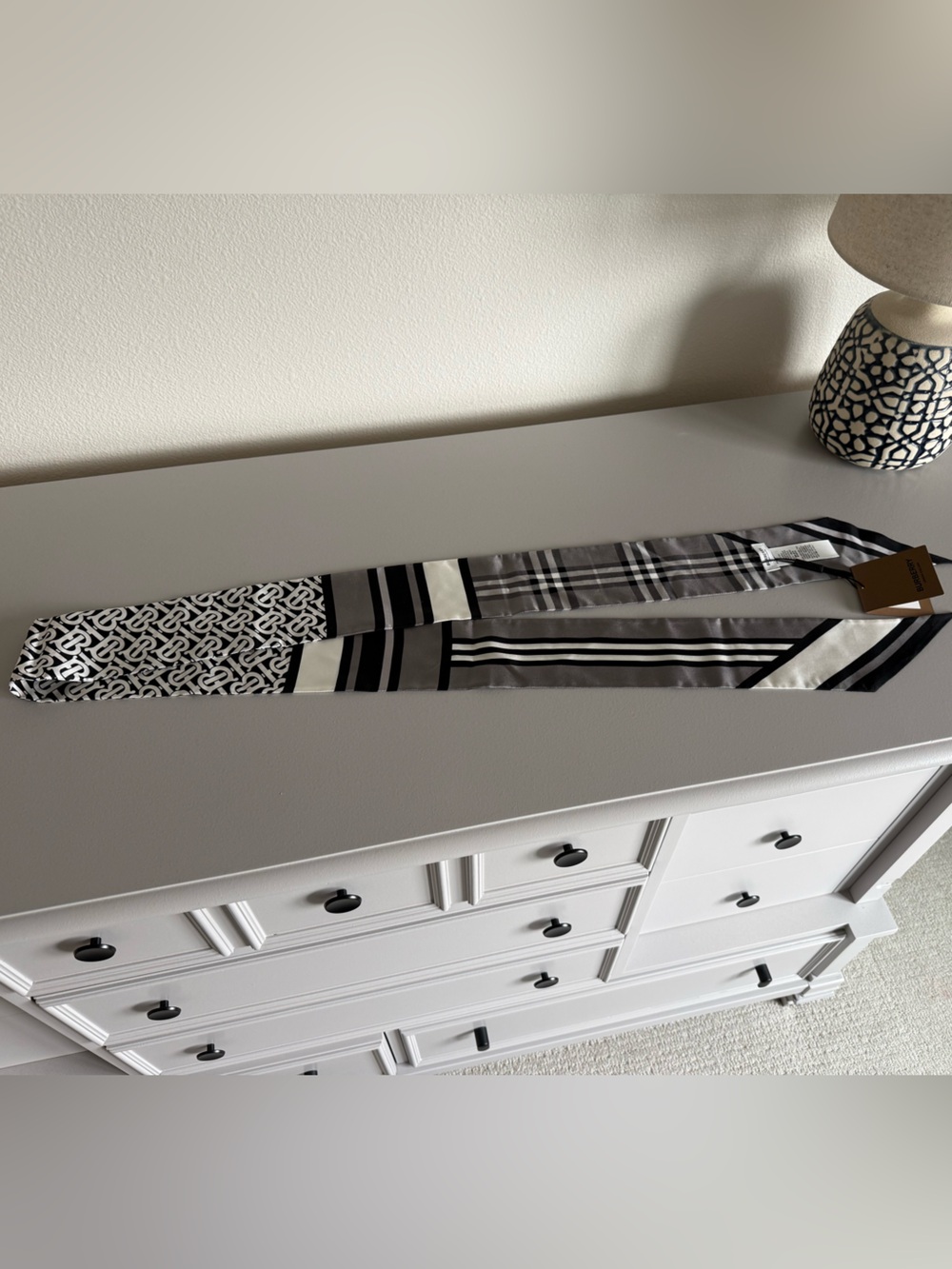 Burberry Black & White Slim Silk Twilly with Mixed Patterns